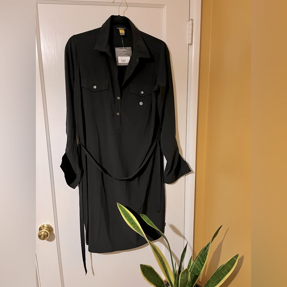 NWT Eddie Bauer Travex Womens Active Shirt Dress Size M Tall Black Midi Stretch